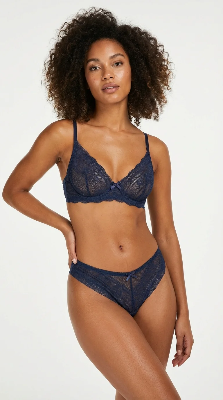 Kadın Sexy Tanga Komple Tül Şeffaf Külot Fiyonklu Detay Gece Mavisi - Arka Görünüm - LunaIntim